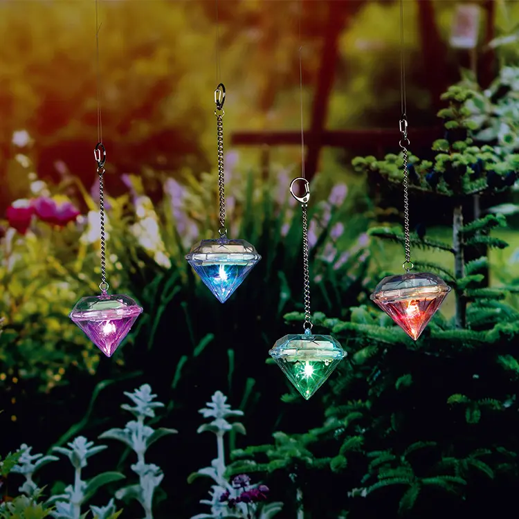 Diamond-Shape Colorful Plastic Garden Yard Decoration Hanging Light Waterproof Outdoor Solar LED Light