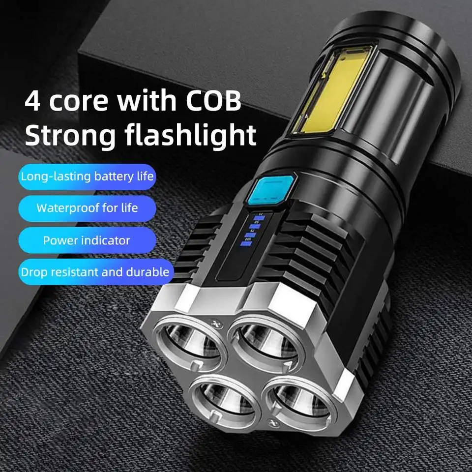 Super Bright 4 Core Rechargeable Multifunctional Waterproof Led Flashlight Cob Side Light Torch Searchlight Emergency Camping