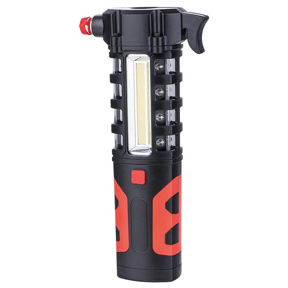 Emergency Torch with Belt Cutter and Hammer COB LED Warning Tool Work Light Cold White Black ROHS Ce