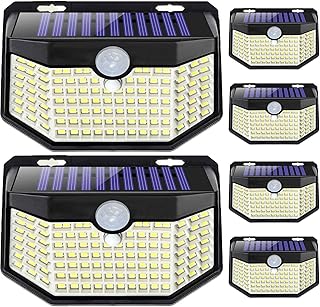 120 LED Outdoor Solar Lights with Motion Sensor and 3 Lighting Modes, IP65 Waterproof Wide Solar Wall Lights Ideal for Garden Patio Yard (Front Button 6Packs, Black Shell-Daylight White)