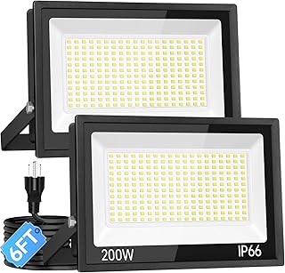 200W LED Flood Light Outdoor with Plug, 24000Lm Super Brighter Security Light, IP66 Waterproof LED Worklight, 5000K Daylight White Exterior Floodlight for Yard Garden Garage Stadium(2 Pack)
