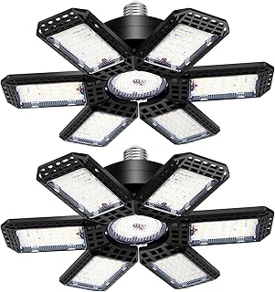 2 Pack Garage Lights, 200W 20000LM 6500K LED Shop Lights, Garage Light Ceiling Led with 6+1 Deformable Panels, Screw in E26/E27 Socket Bulb for Warehouse, Workshop, Basement, Barn Lighting