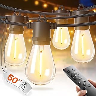 50FT LED Outdoor String Lights with Edison Shatterproof Bulbs, Weatherproof Strand, Commercial Grade Patio Lights, Decorative for Garden or Patio, Black