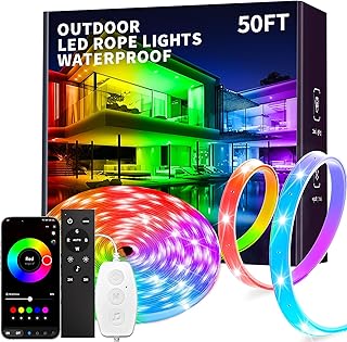 50ft Outdoor led Strip Lights Waterproof IP68, RGB Outdoor led Lights with Button & Bluetooth App Control, Music Sync, Timer, Exterior Led Rope Lights for Decor Balcony, Roof, Garden, Pool