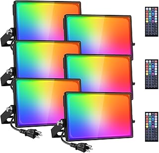 6 Pack RGB LED Flood Light Outdoor, 70W Color Changing Uplights with Remote, 2700K Warm White IP66 Stage Lighting, Landscape Floor Spotlights Indoor, Uplighting Indoor Floor Light for Christmas