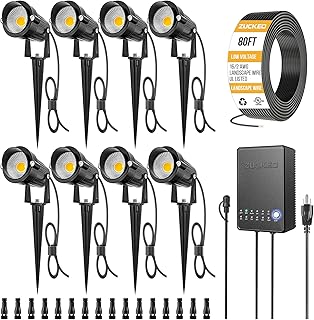 All-in-One Landscape Lighting Kit, 5W LED Low Voltage Landscape Lights with Transformer and 80FT Wire, Waterproof Outdoor Spotlight with Connectors for Yard Garden House, 3000K 12-24V 8Pack
