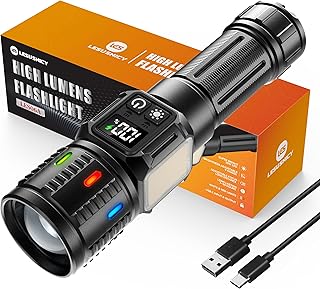 Flashlights High Lumens 100,000, Super Bright LED Flash Light Long Lasting USB C LCD Display, Dual Light Source & Buttons with Red Light, for Camping Hiking Emergency Home Gift