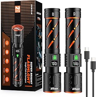 Flashlights High Lumens 100000 2 Pack, Super Bright 30W LED, Long Lasting 12H, Single Click 3 Modes, Multifunctional USB C Input Output LCD Power Display, for Camping Hiking Home