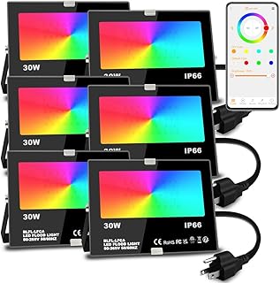 Flood Light 30W, 300W Equivalent 3000 LM Outdoor Color Changing Led Stage Landscape Lights, Bluetooth RGBW Smart Floodlights 2700K & 16 Million Colors&Timing& Music Sync, IP66，US 3-Plug (6 Pack)