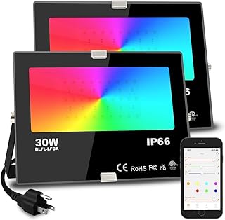 Flood Light 30W, 300W Equivalent 3000 LM Outdoor Color Changing Led Stage Landscape Lights, Bluetooth RGBW Smart Floodlights 2700K & 16 Million Colors&Timing& Music Sync, IP66，US 3-Plug (2 Pack)
