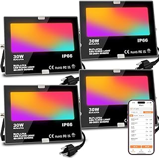 Flood Light Outdoor 30W, 300W Equivalent 3000LM Smart RGB Landscape Lighting with APP Control, DIY Scenes -Timing - Warm White 2700K -Color Changing Uplight, IP66, US Plug, No Remote MELPO(4 Pack)