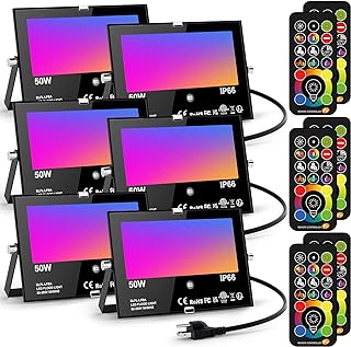Flood Light Outdoor 500W Equivalent Color Changing Landscape Lighting, 24H Timing+120 Colors Strobe+2700K Warm White+DIY Flash, IP66 Waterproof Up Stage House RGB Led Light Indoor US 3-Plug 6Pack