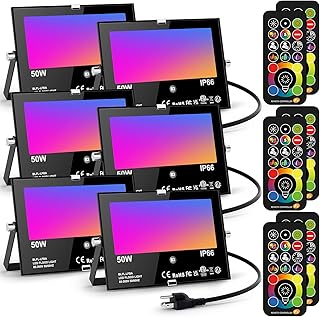 Flood Light Outdoor 500W Equivalent Color Changing Landscape Lighting, 24H Timing+120 Colors Strobe+2700K Warm White+DIY Flash, IP66 Waterproof Up Stage House RGB Led Light Indoor US 3-Plug 6Pack