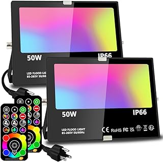 Led Flood Light 500W Equivalent, RGBW Led Outdoor Lights Colored Floodlight with Remote,50W,5000ML 2700K,120 Colors, Timing, Dimmable, Custom Modes, Landscape Lighting (2 Pack)