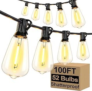 LED Outdoor String Lights 100FT Patio Lights with 52 Shatterproof ST38 Vintage Edison Bulbs, Outside Hanging Light Waterproof for Porch, Deck, Garden, Backyard, Balcony, 2700K Dimmable