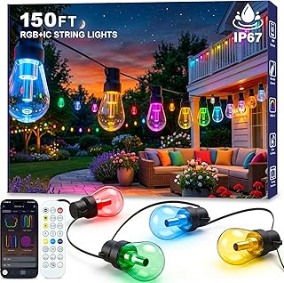 Outdoor String Lights, 150FT RGB+IC Outside Light Dimmable Shatterproof LED Bulbs, IP67 Waterproof Chasing Effect Lighting DreamColor Patio Strip Lights for Backyard, Balcony, Outdoor Living