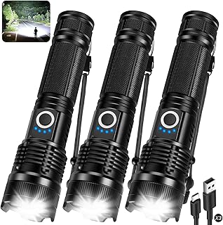 Pack Rechargeable Flashlights High Lumens, 99000LM Super Bright LED Flashlight, Adjustable Powerful Flash Light with 5 Modes & USB Cable, Waterproof Handheld Flashlight for Home Camping Outdoor
