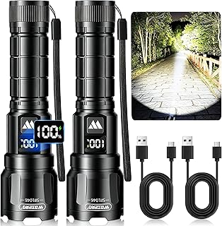Rechargeable Flashlights High Lumens 2Pack, Super Bright Flashlight Powerful, 3Mode Zoomable Tactical Flash Light with LCD Digital Display, Handheld LED Flashlights for Home Emergencies Camping