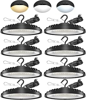 UFO LED High Bay Light, Adjustable Wattage 200W/150W/100W, 3-Color Temperature (6500K/5000K/3500K), 28,000LM, AC100-277V, Plug & Play LED Shop Lights Fixture for Warehouse, Garage, Factory 8 Pack