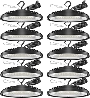 UFO LED High Bay Light, 21,000LM LED Shop Lights Fixture with US Plug 5ft Cable, 5000K, 120VAC, Plug & Play Lighting for Warehouses, Workshops, Garages, and Barns – ETL Listed, 10 Pack