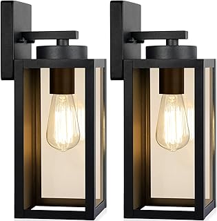 Wall Light Fixtures, Exterior Waterproof Wall Lanterns, Porch Sconces Lighting with E26 Sockets & Glass Shades, Modern Matte Black Outside Lights for Patio Front Door Entryway Garage, 2-Pack