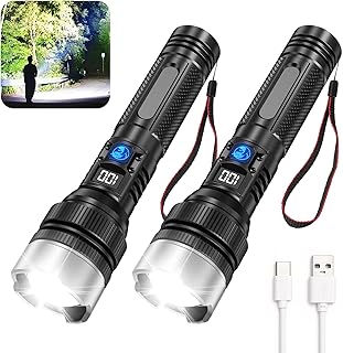 with 10000 Lumens, Type-C Fast Charging & 16-Hour Runtime, 3 Modes, Telescopic Zoom, Waterproof, Compact Handheld Flashlight for Camping, Hiking, Hurricane Prep (2-Pack)